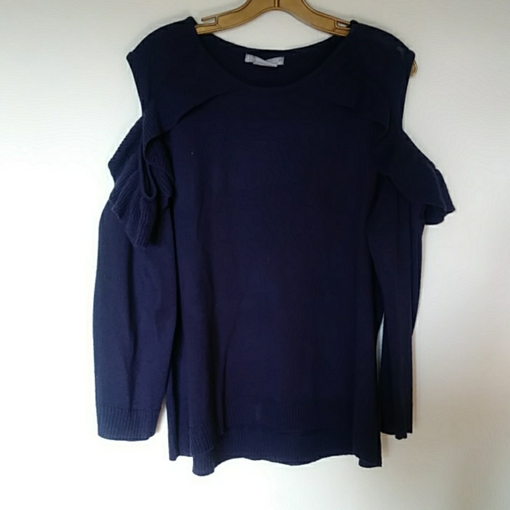 Navy Cold Shoulder Ruffle Sweater